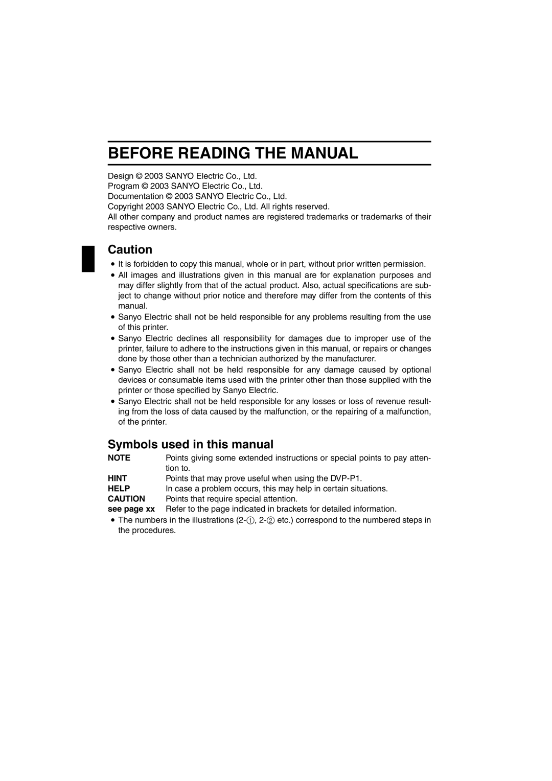 Sanyo DVP-P1U Before Reading the Manual, Symbols used in this manual 