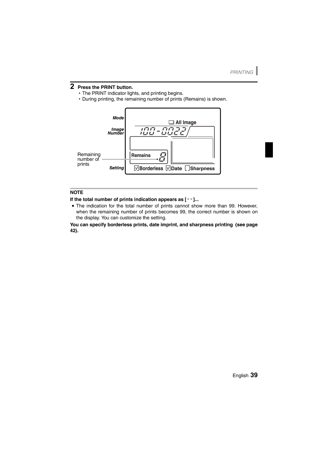 Sanyo DVP-P1U manual If the total number of prints indication appears as w 