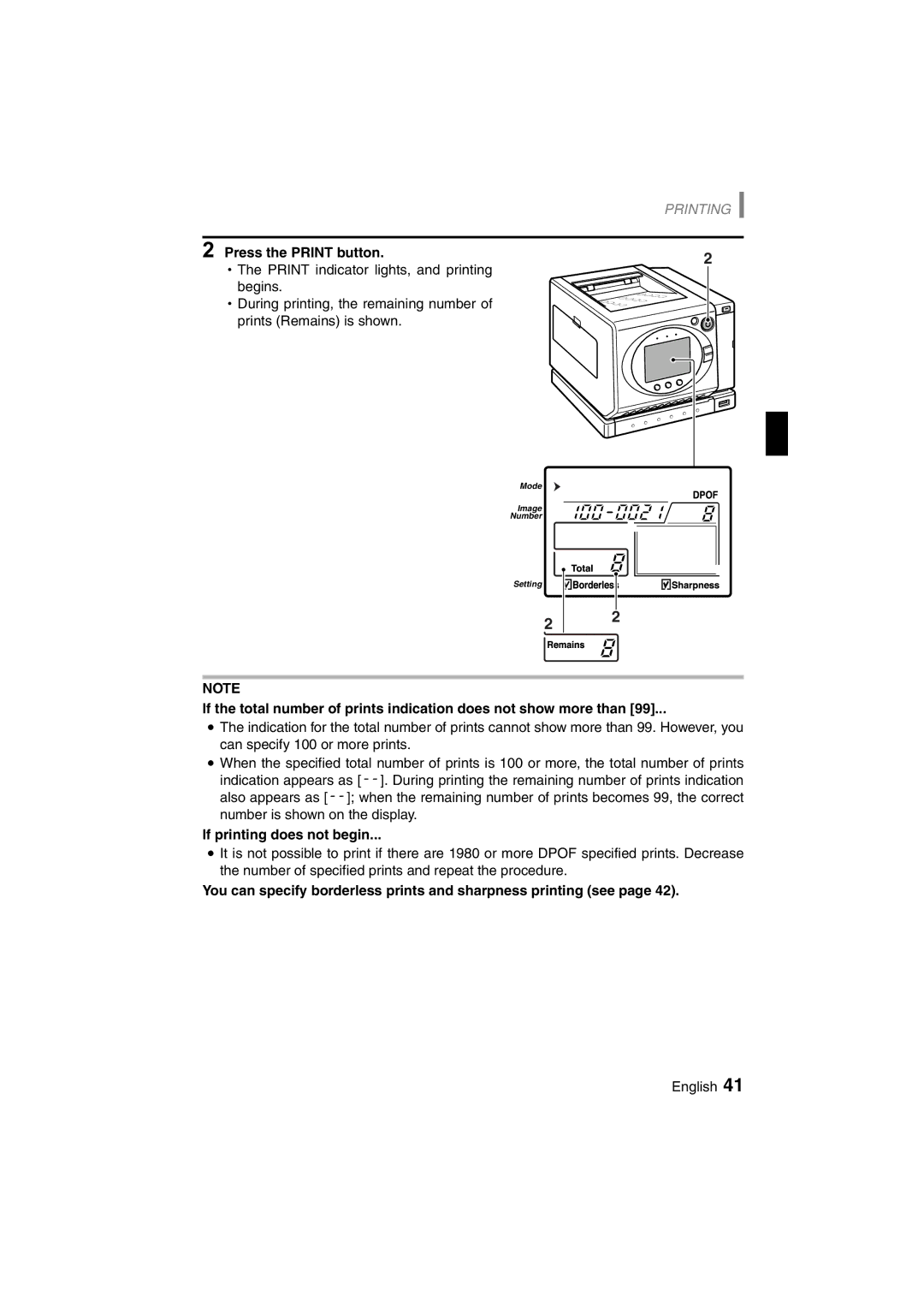 Sanyo DVP-P1U manual If printing does not begin, You can specify borderless prints and sharpness printing see 