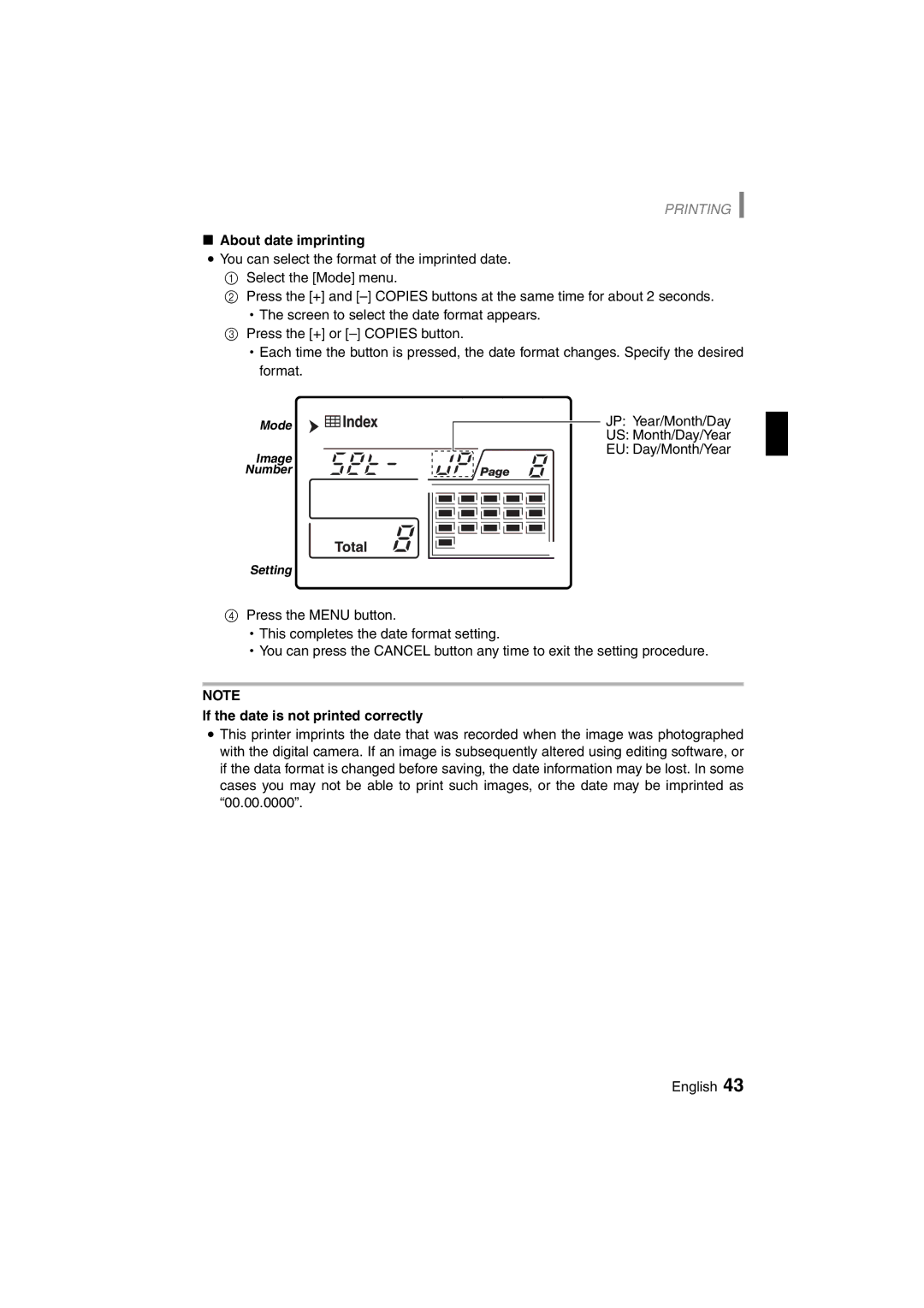 Sanyo DVP-P1U manual About date imprinting, If the date is not printed correctly 