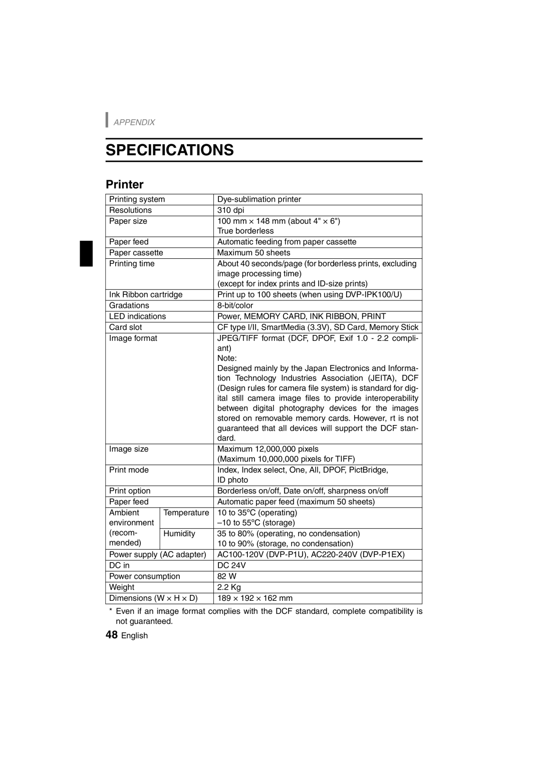 Sanyo DVP-P1U manual Specifications, Printer 