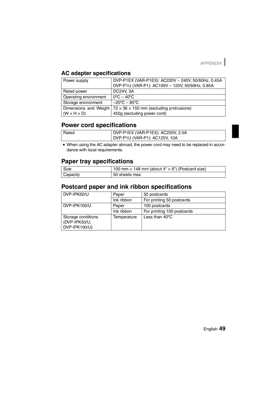 Sanyo DVP-P1U manual Power cord specifications, Paper tray specifications, Postcard paper and ink ribbon specifications 