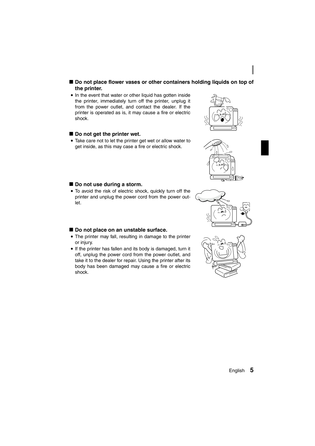 Sanyo DVP-P1U manual KDo not get the printer wet, KDo not use during a storm, KDo not place on an unstable surface 