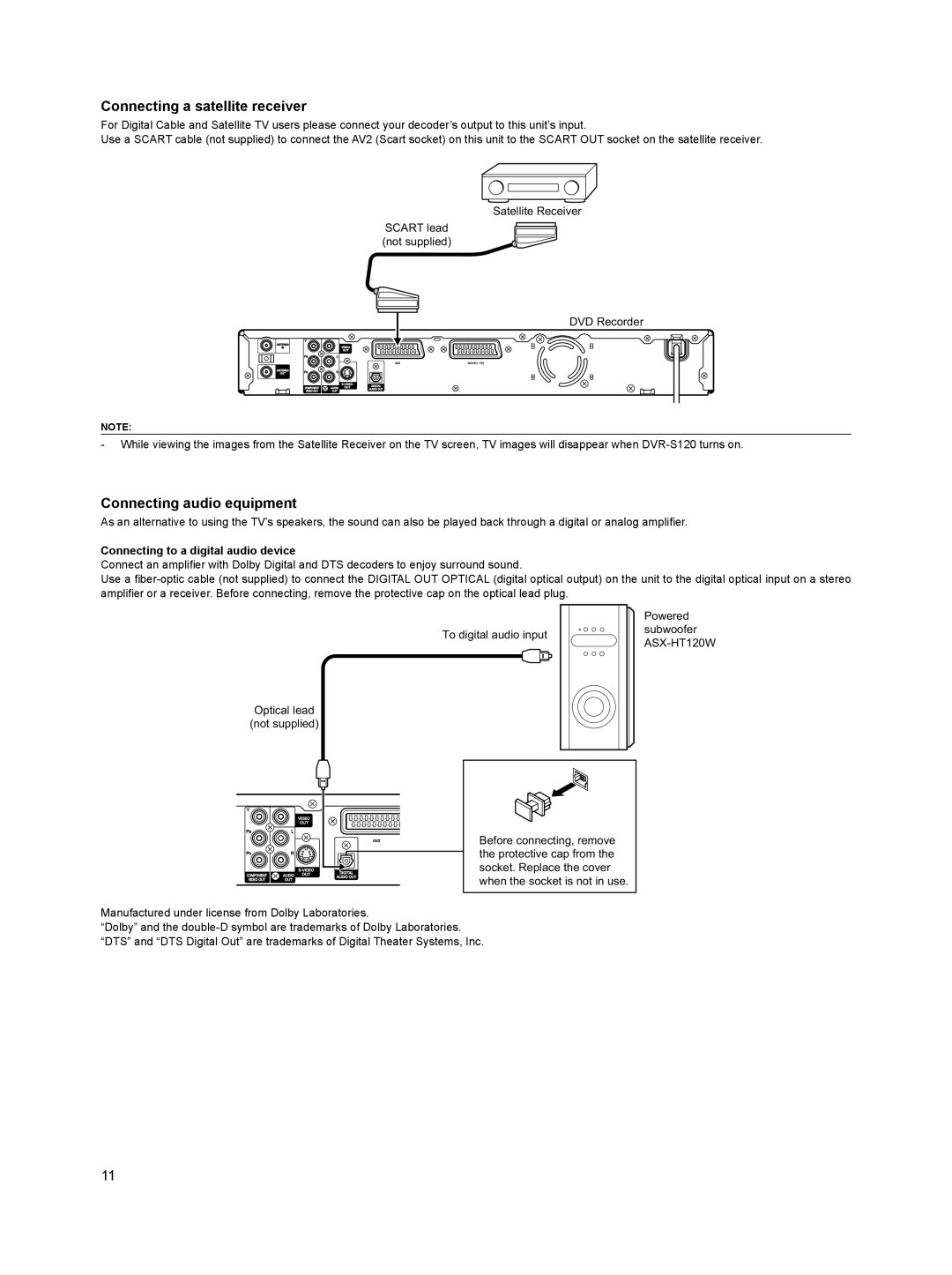 Sanyo DVR-HT120 Connecting a satellite receiver, Connecting audio equipment, Connecting to a digital audio device 