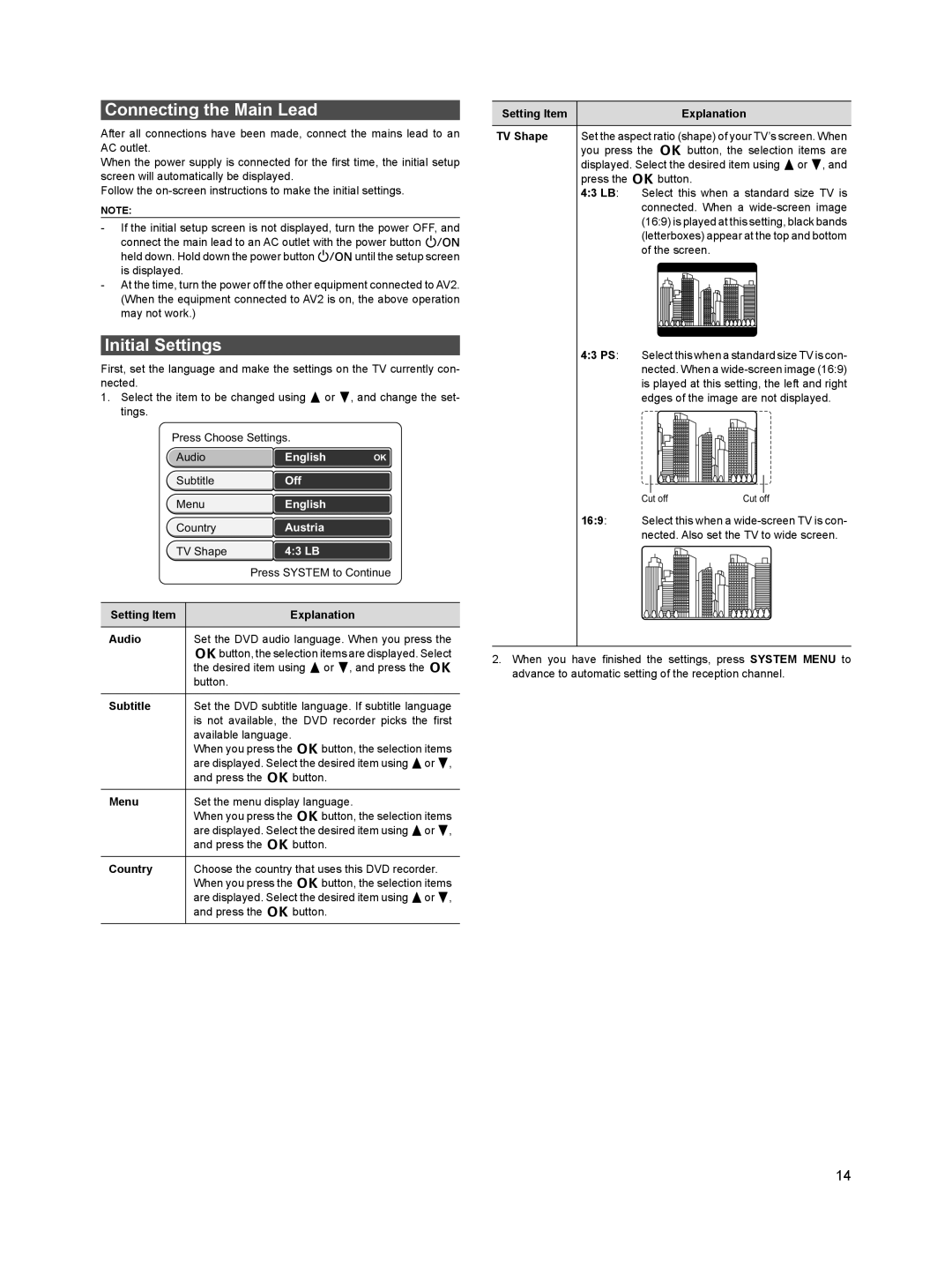 Sanyo DVR-HT120 instruction manual Connecting the Main Lead, Initial Settings 