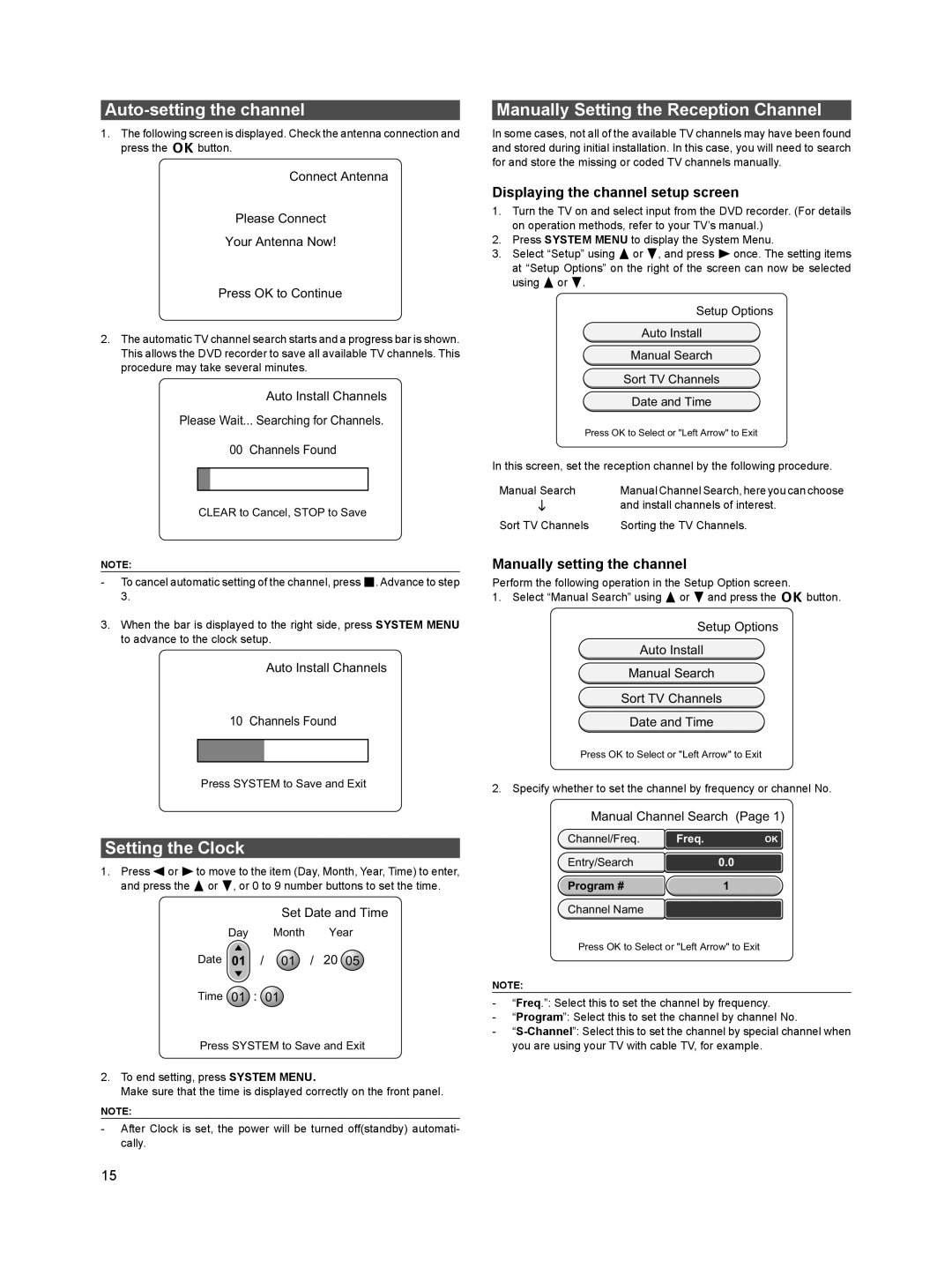 Sanyo DVR-HT120 instruction manual Auto-setting the channel, Setting the Clock, Manually Setting the Reception Channel 