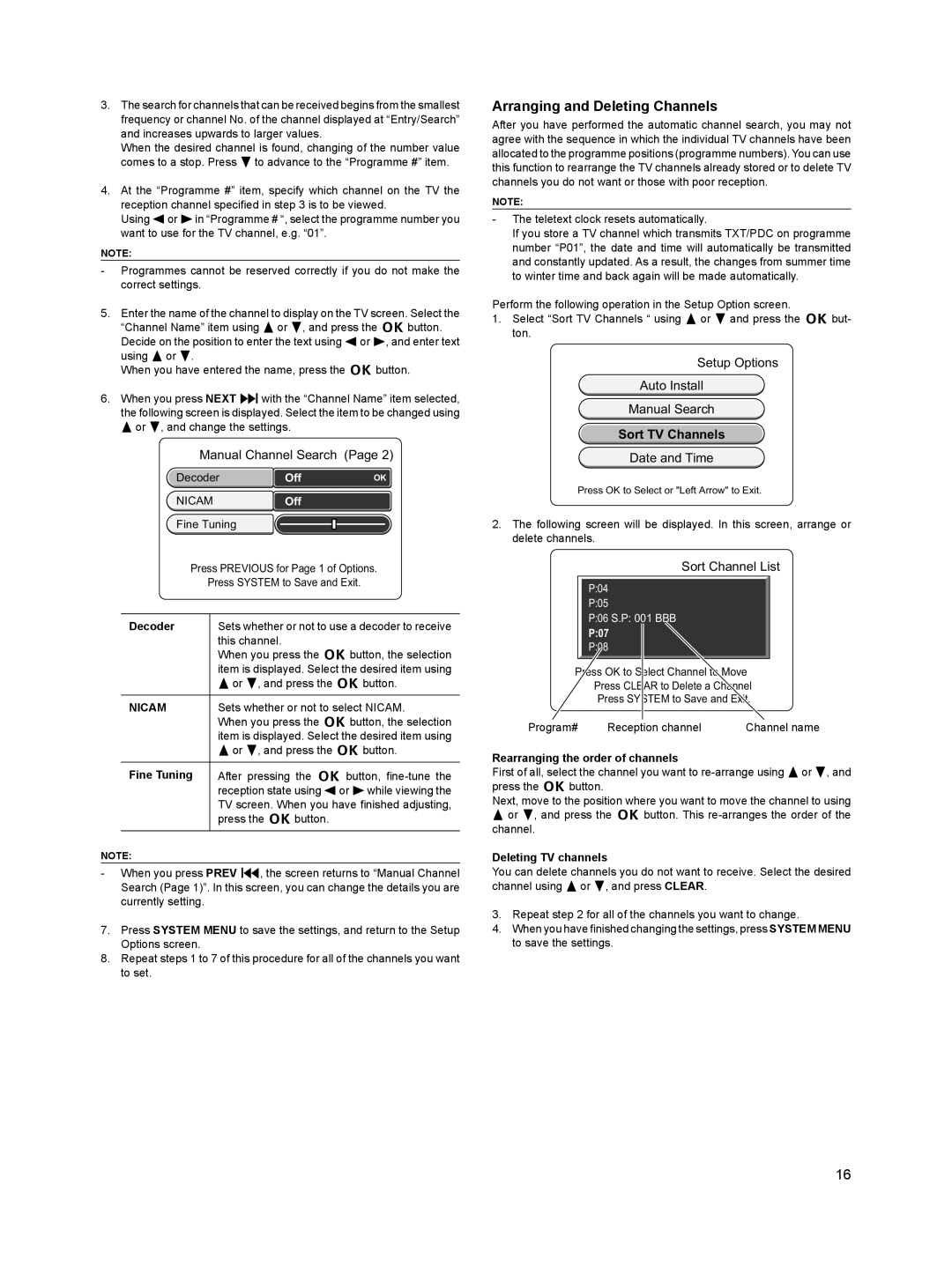 Sanyo DVR-HT120 Arranging and Deleting Channels, Setup Options Auto Install Manual Search, Sort Channel List 