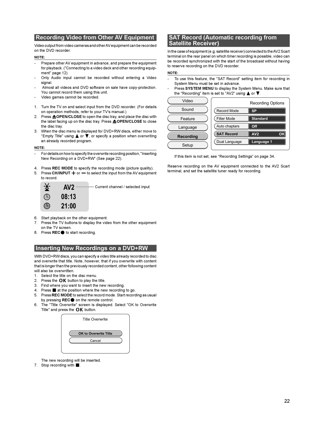 Sanyo DVR-HT120 instruction manual Recording Video from Other AV Equipment, Inserting New Recordings on a DVD+RW 