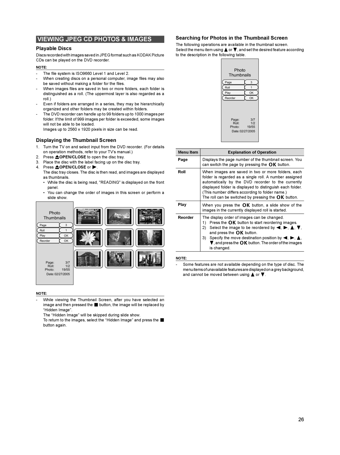 Sanyo DVR-HT120 instruction manual Displaying the Thumbnail Screen, Searching for Photos in the Thumbnail Screen 