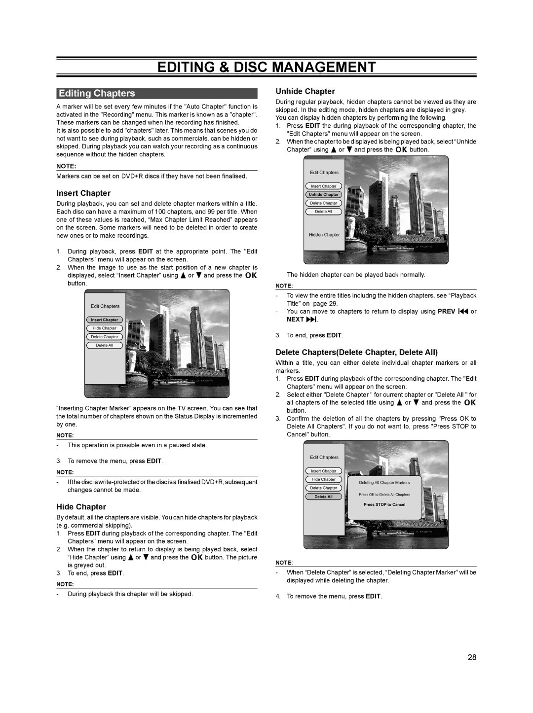 Sanyo DVR-HT120 instruction manual Editing & Disc Management, Editing Chapters 