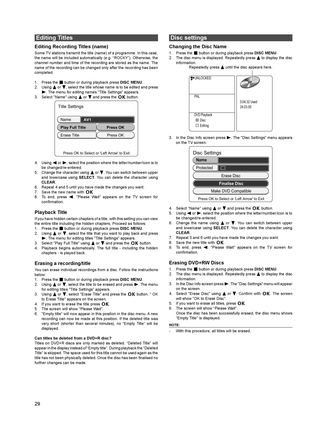 Sanyo DVR-HT120 instruction manual Editing Titles, Disc settings 