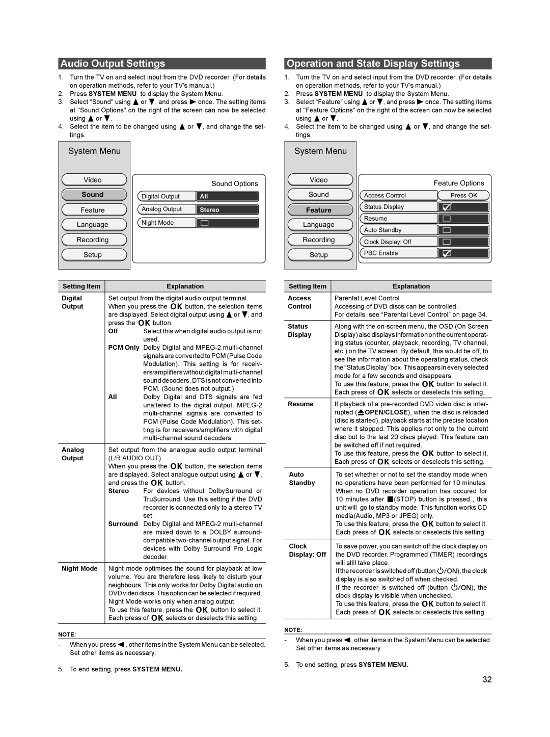 Sanyo DVR-HT120 instruction manual Audio Output Settings, Operation and State Display Settings 