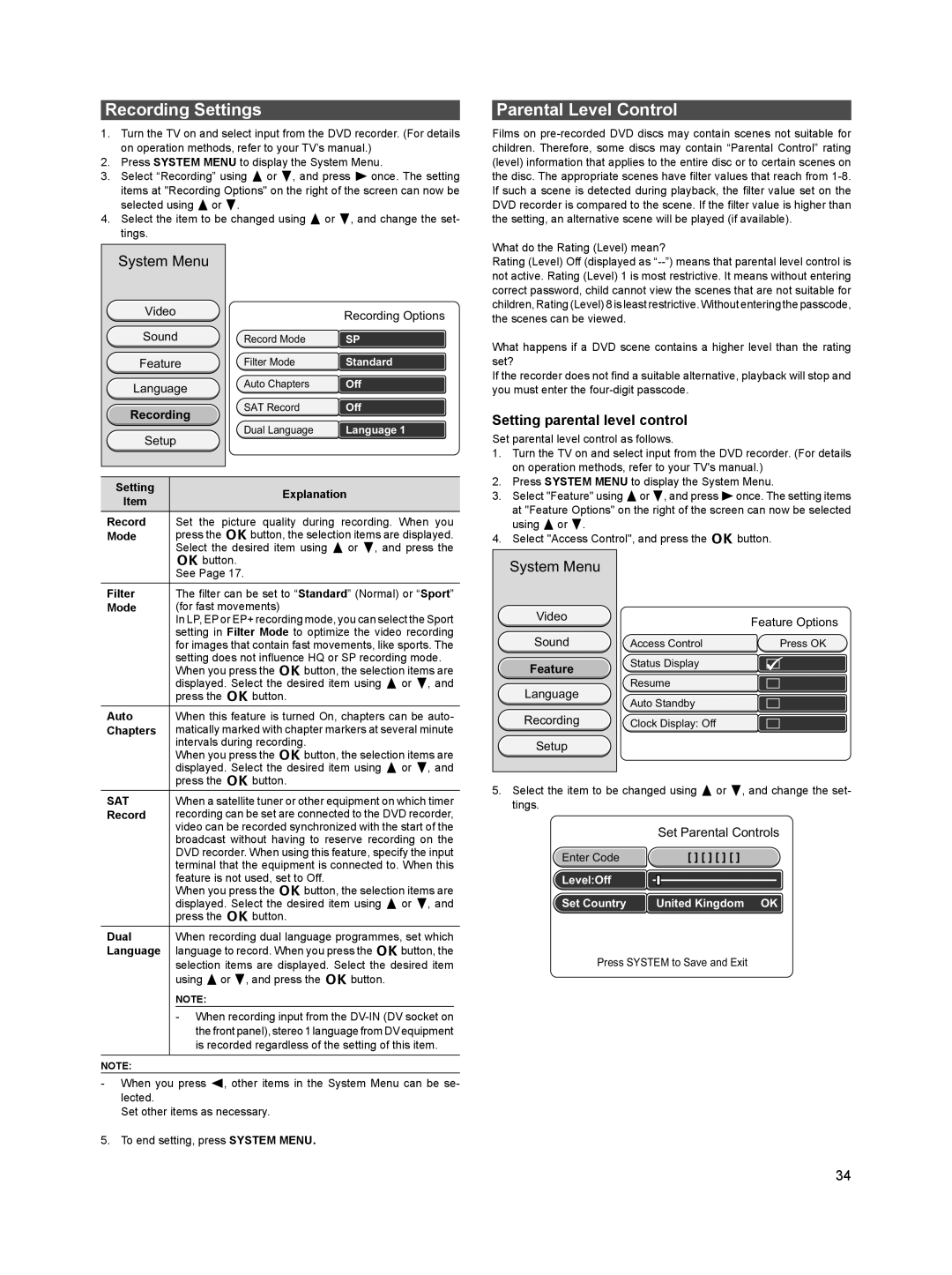 Sanyo DVR-HT120 instruction manual Recording Settings, Parental Level Control, Setting parental level control, Sat 