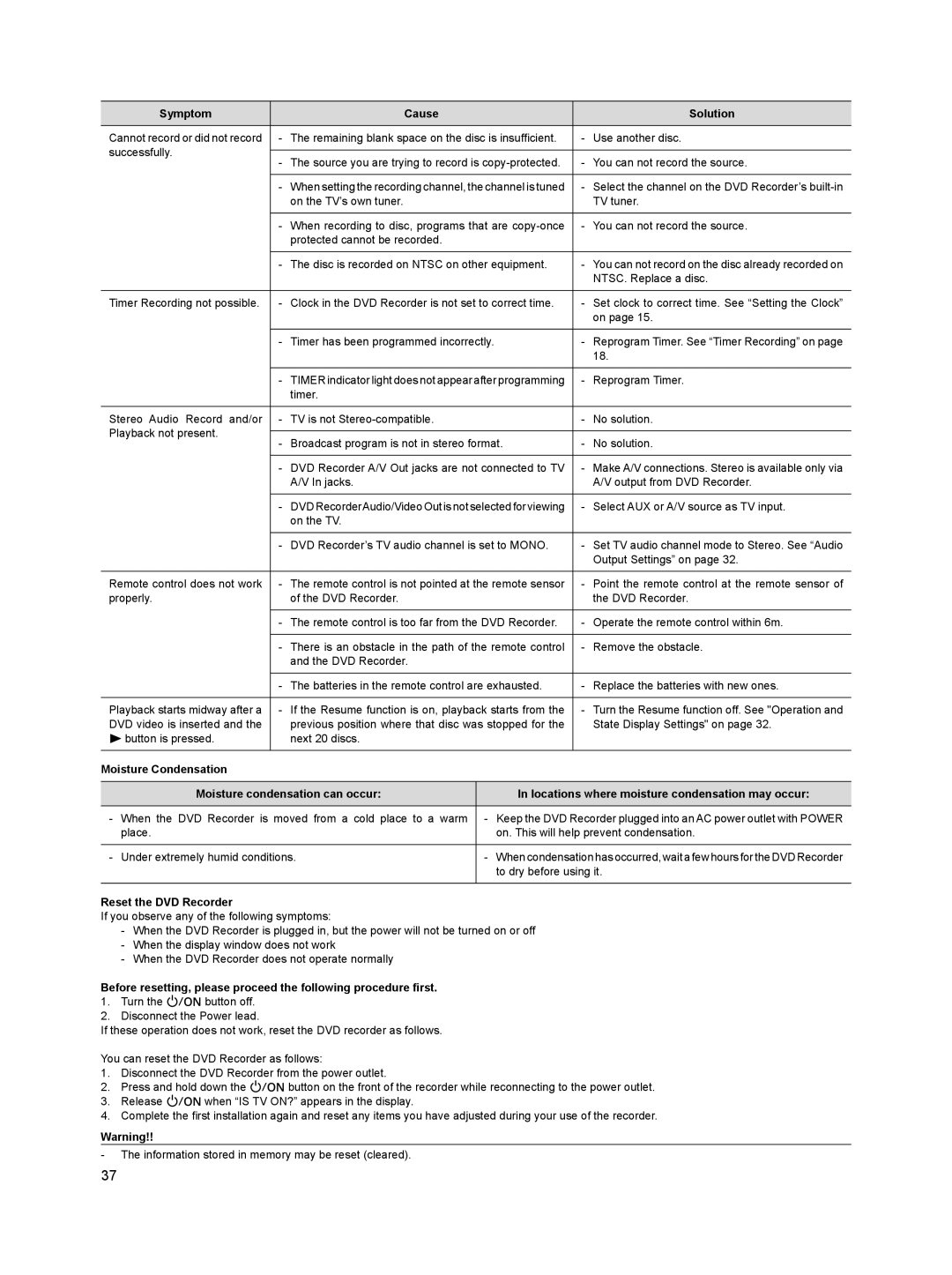 Sanyo DVR-HT120 instruction manual Reset the DVD Recorder 