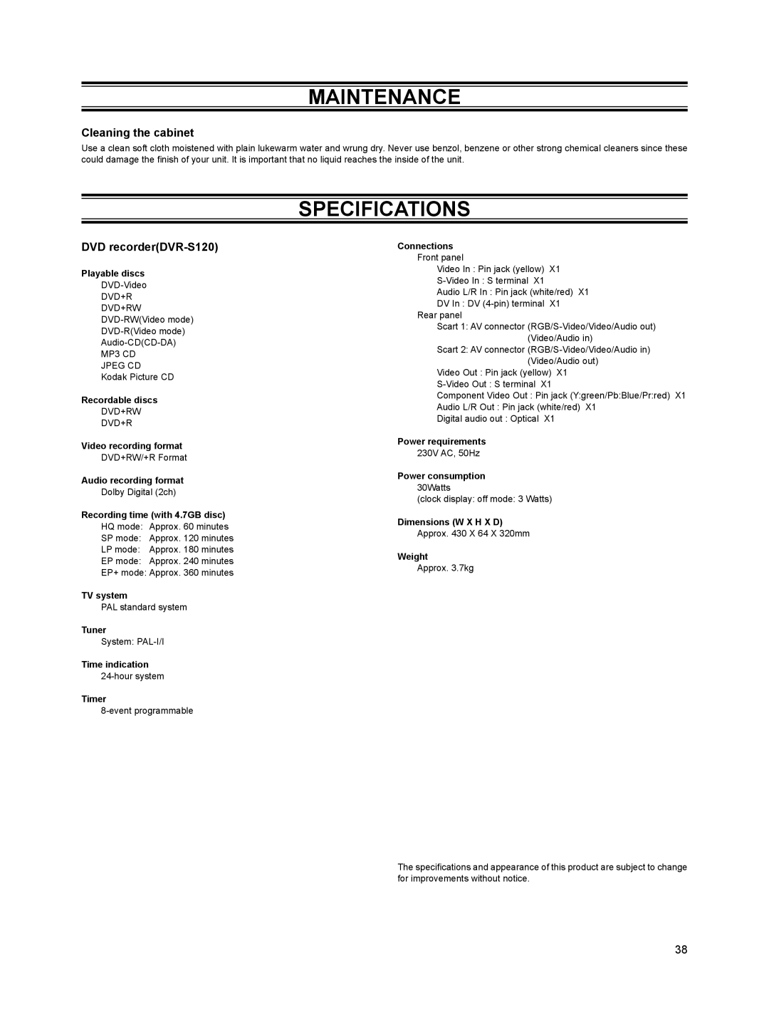 Sanyo DVR-HT120 instruction manual Maintenance, Specifications, Cleaning the cabinet, DVD recorderDVR-S120 