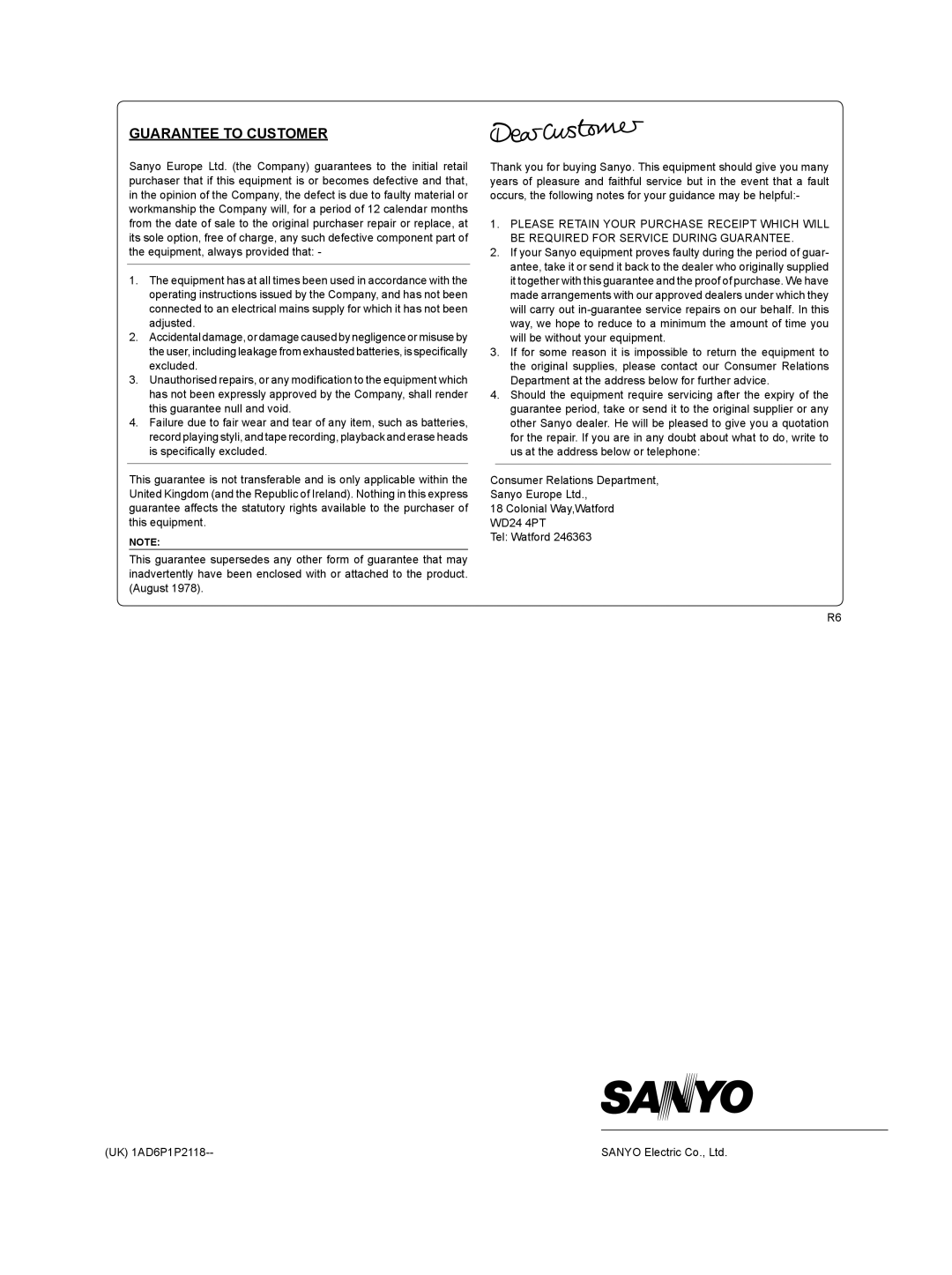 Sanyo DVR-HT120 instruction manual Guarantee to Customer 