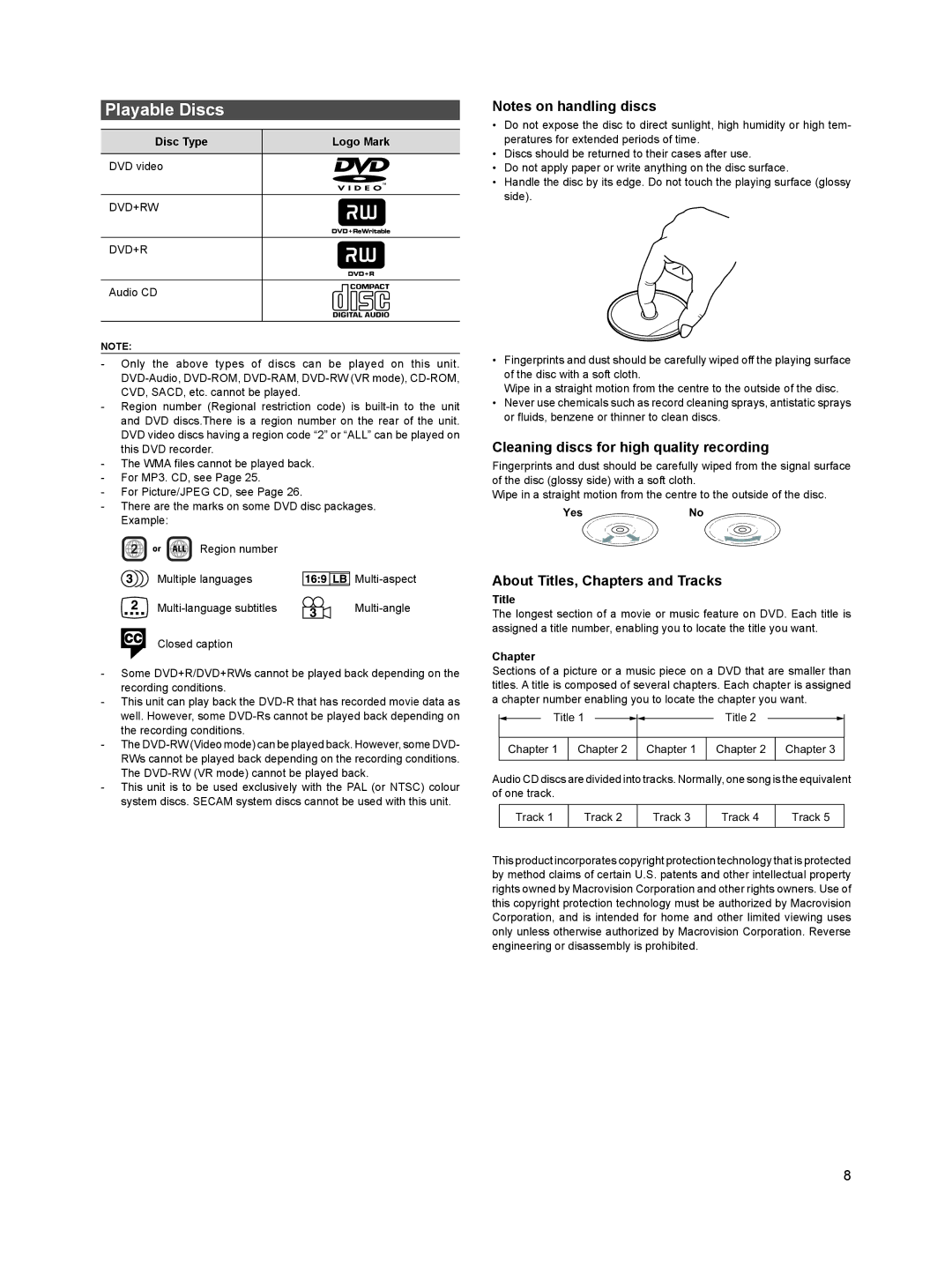 Sanyo DVR-HT120 Playable Discs, Cleaning discs for high quality recording, About Titles, Chapters and Tracks 