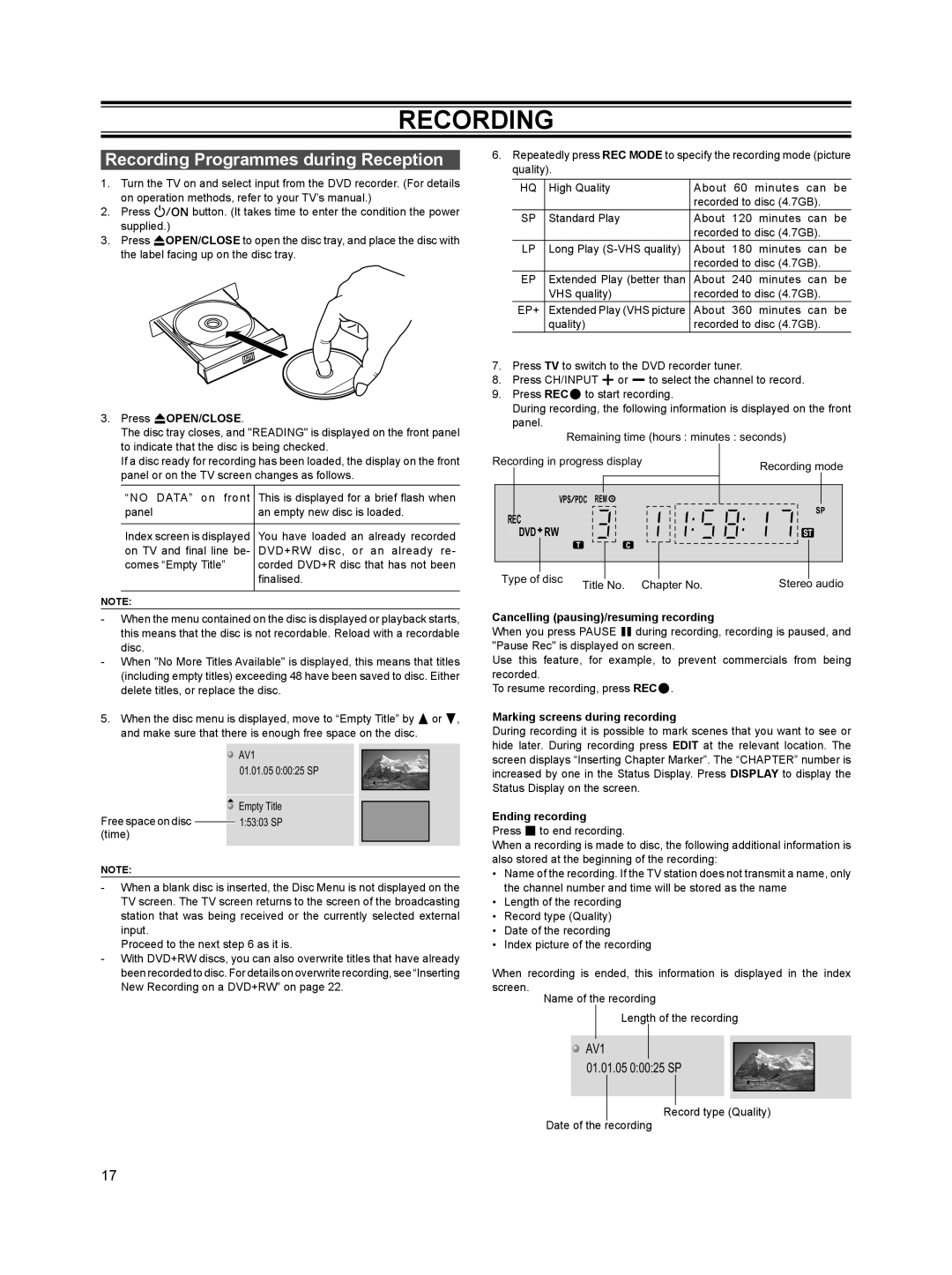 Sanyo DVR-HT120 instruction manual Recording Programmes during Reception, AV1 01.01.05 0 00 25 SP 