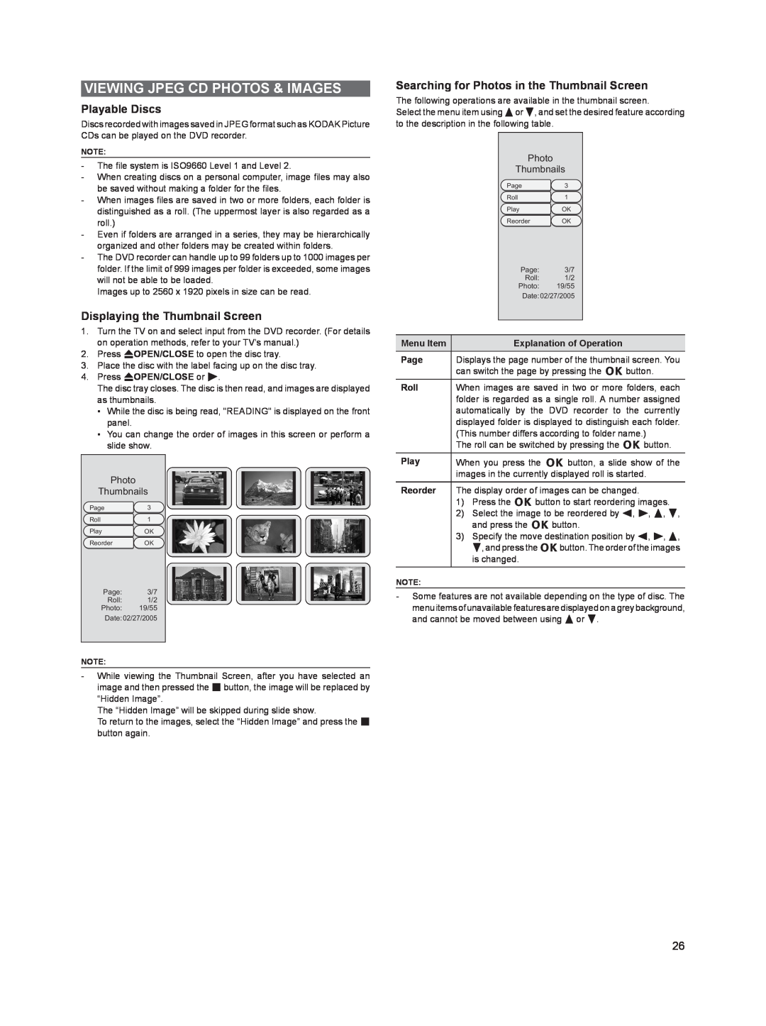Sanyo DVR-HT120 instruction manual Viewing Jpeg Cd Photos & Images, Displaying the Thumbnail Screen, Playable Discs 