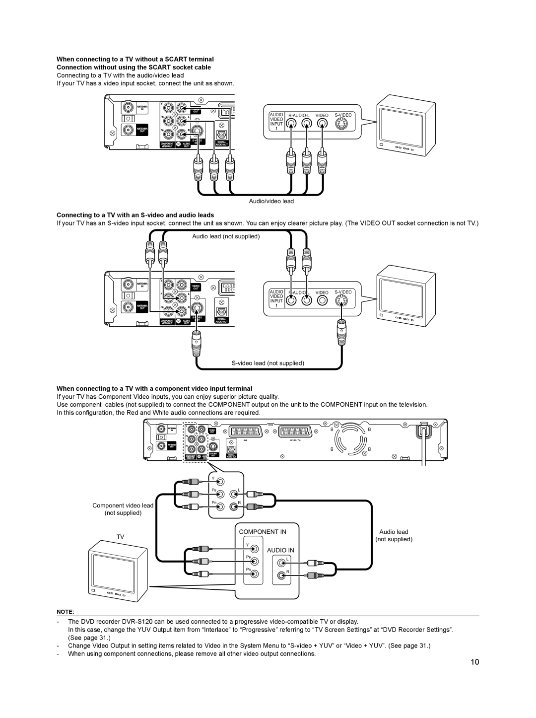 Sanyo DVR-S120 instruction manual Connecting to a TV with an S-video and audio leads 