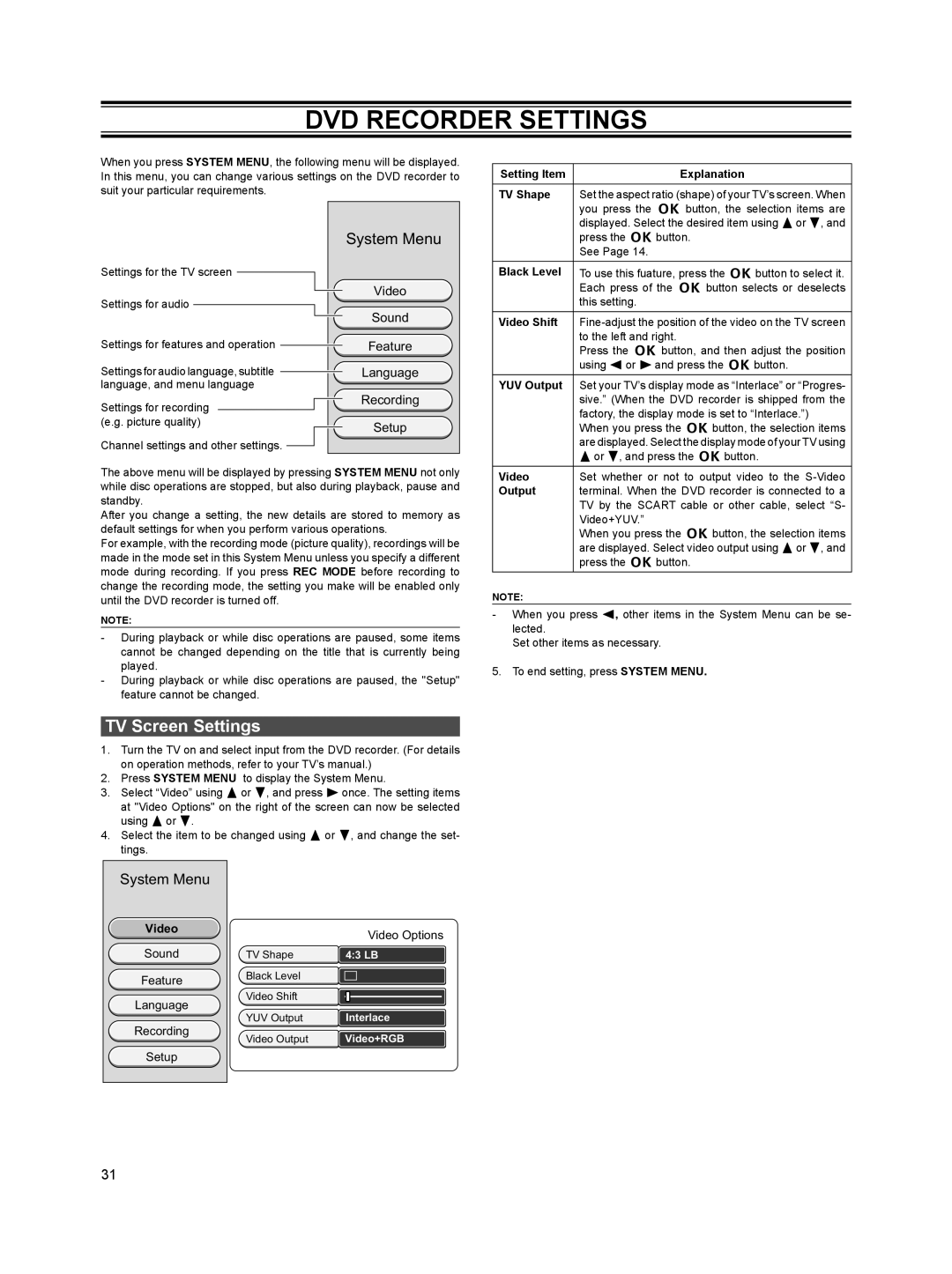 Sanyo DVR-S120 instruction manual DVD Recorder Settings, TV Screen Settings, Video Sound Feature Language Recording Setup 