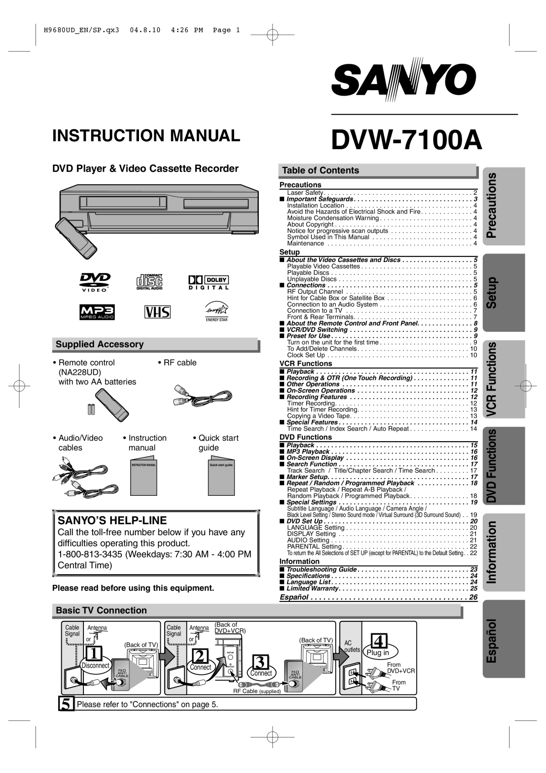 Sanyo DVW-7100a instruction manual Supplied Accessory, Table of Contents, Basic TV Connection 