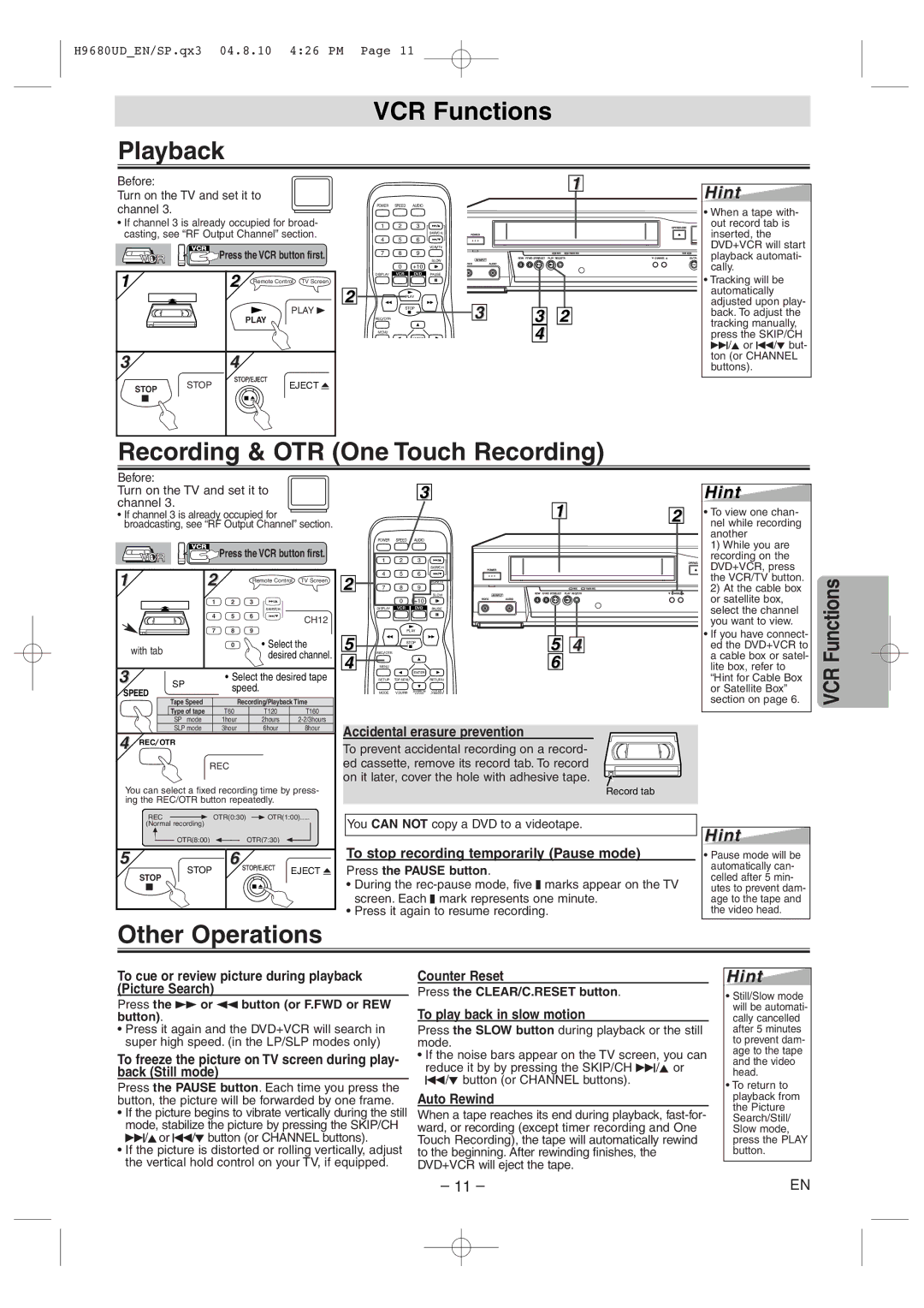 Sanyo DVW-7100a instruction manual VCR Functions Playback, Recording & OTR One Touch Recording, Other Operations 