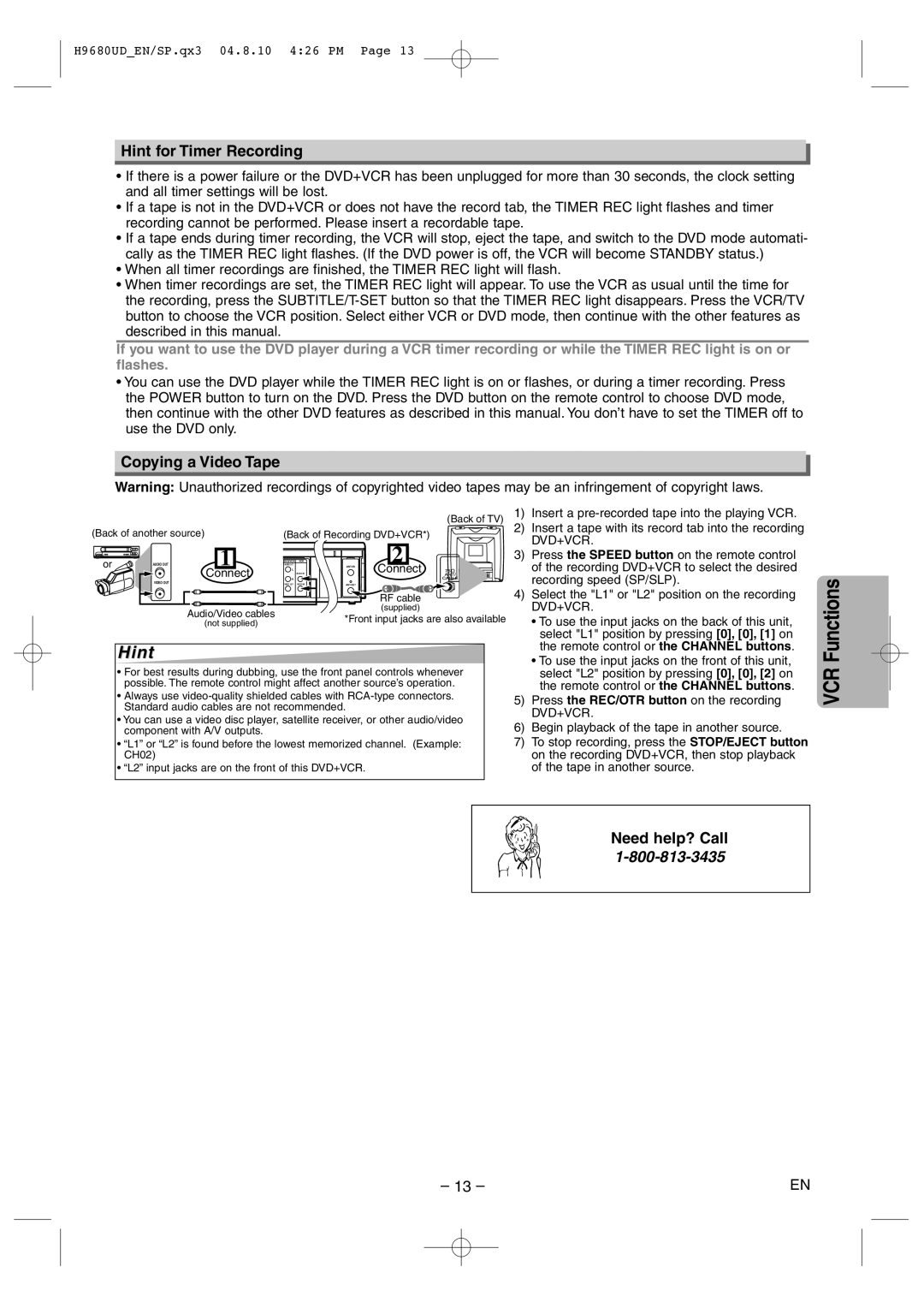 Sanyo DVW-7100a Hint for Timer Recording, Copying a Video Tape, Insert a pre-recorded tape into the playing VCR 