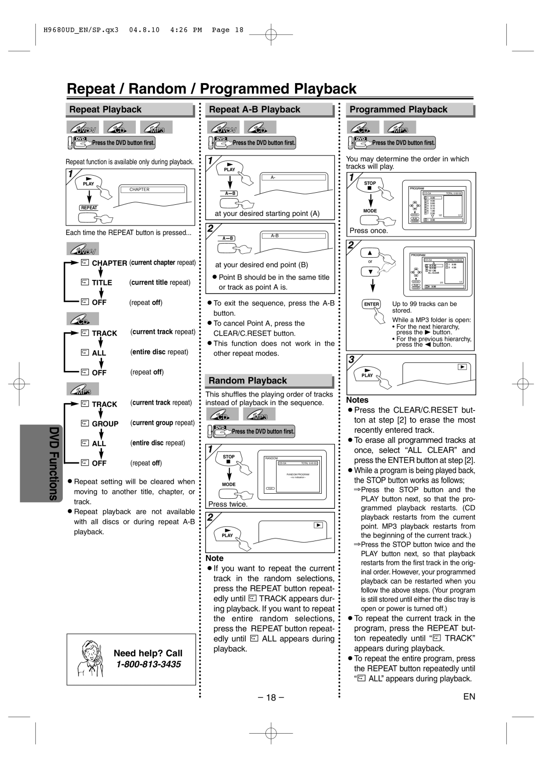 Sanyo DVW-7100a Repeat / Random / Programmed Playback, Repeat Playback Repeat A-B Playback Programmed Playback 