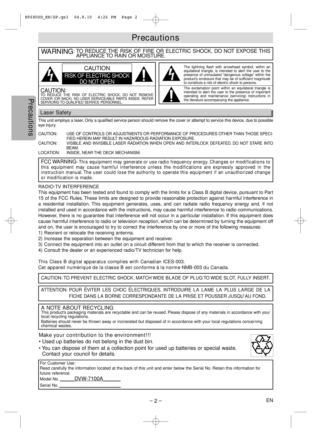 Sanyo DVW-7100a Precautions, Laser Safety, Make your contribution to the environment, RADIO-TV Interference 