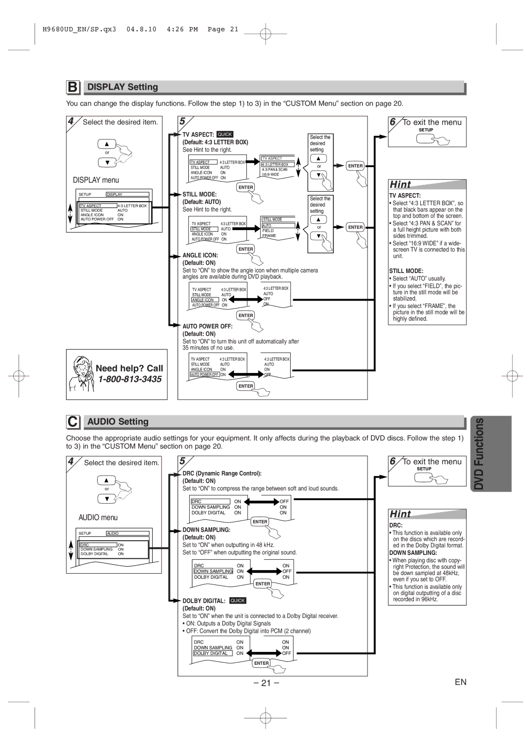 Sanyo DVW-7100a instruction manual Display Setting, Audio Setting 