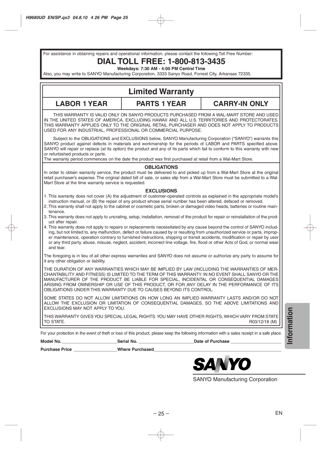 Sanyo DVW-7100a instruction manual Obligations, Exclusions, Weekdays 730 AM 400 PM Central Time, R03/12/18 M 