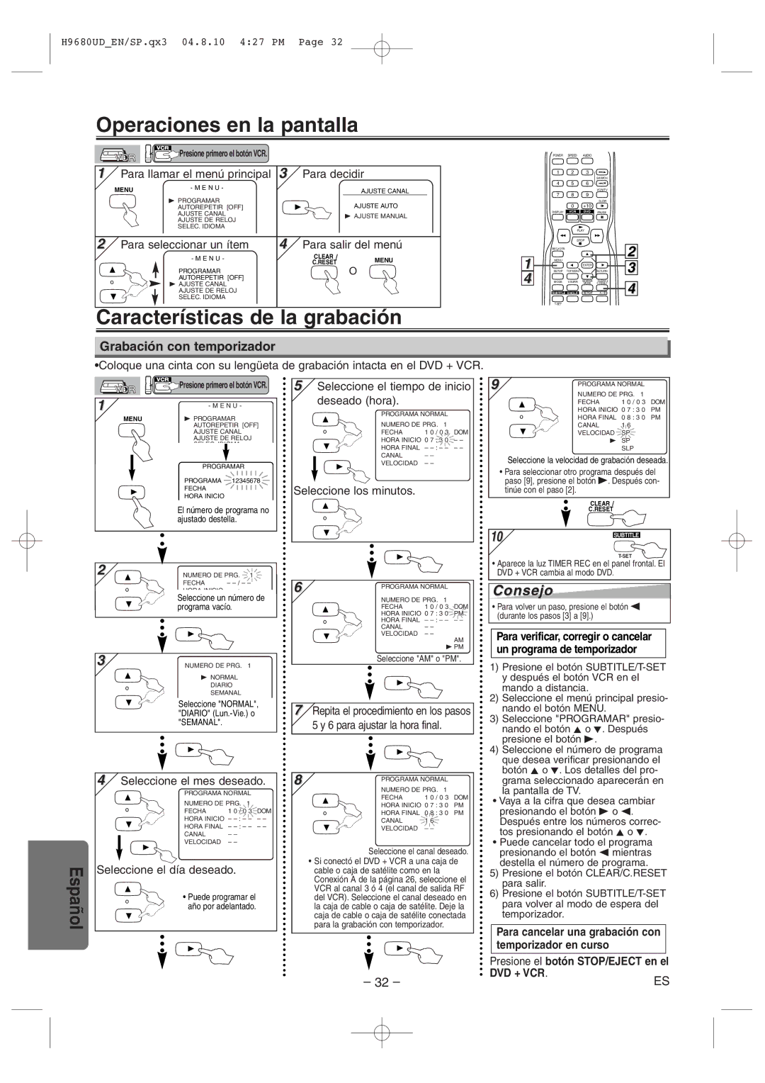 Sanyo DVW-7100a Operaciones en la pantalla, Características de la grabación, Grabación con temporizador, Dvd + Vcr 