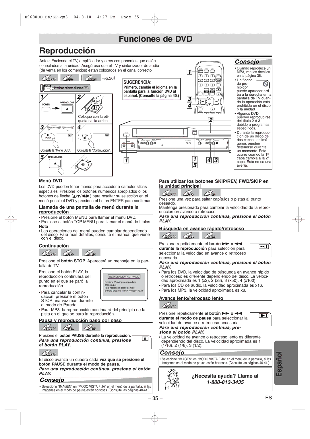 Sanyo DVW-7100a instruction manual Funciones de DVD Reproducción, Sugerencia 