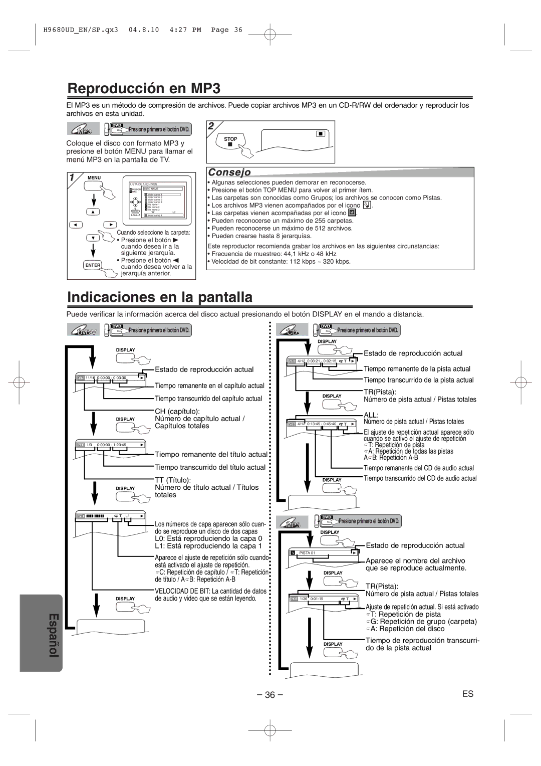 Sanyo DVW-7100a instruction manual Reproducción en MP3, Indicaciones en la pantalla 