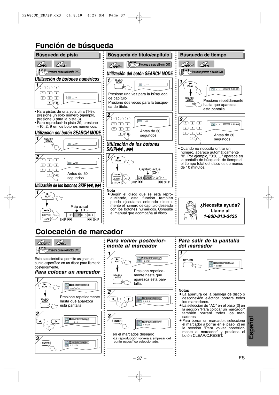 Sanyo DVW-7100a instruction manual Función de búsqueda, Colocación de marcador 