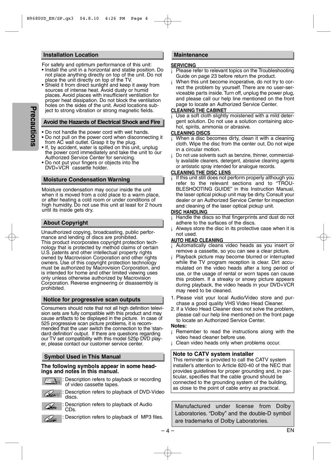 Sanyo DVW-7100a Installation Location, Avoid the Hazards of Electrical Shock and Fire, Moisture Condensation Warning 