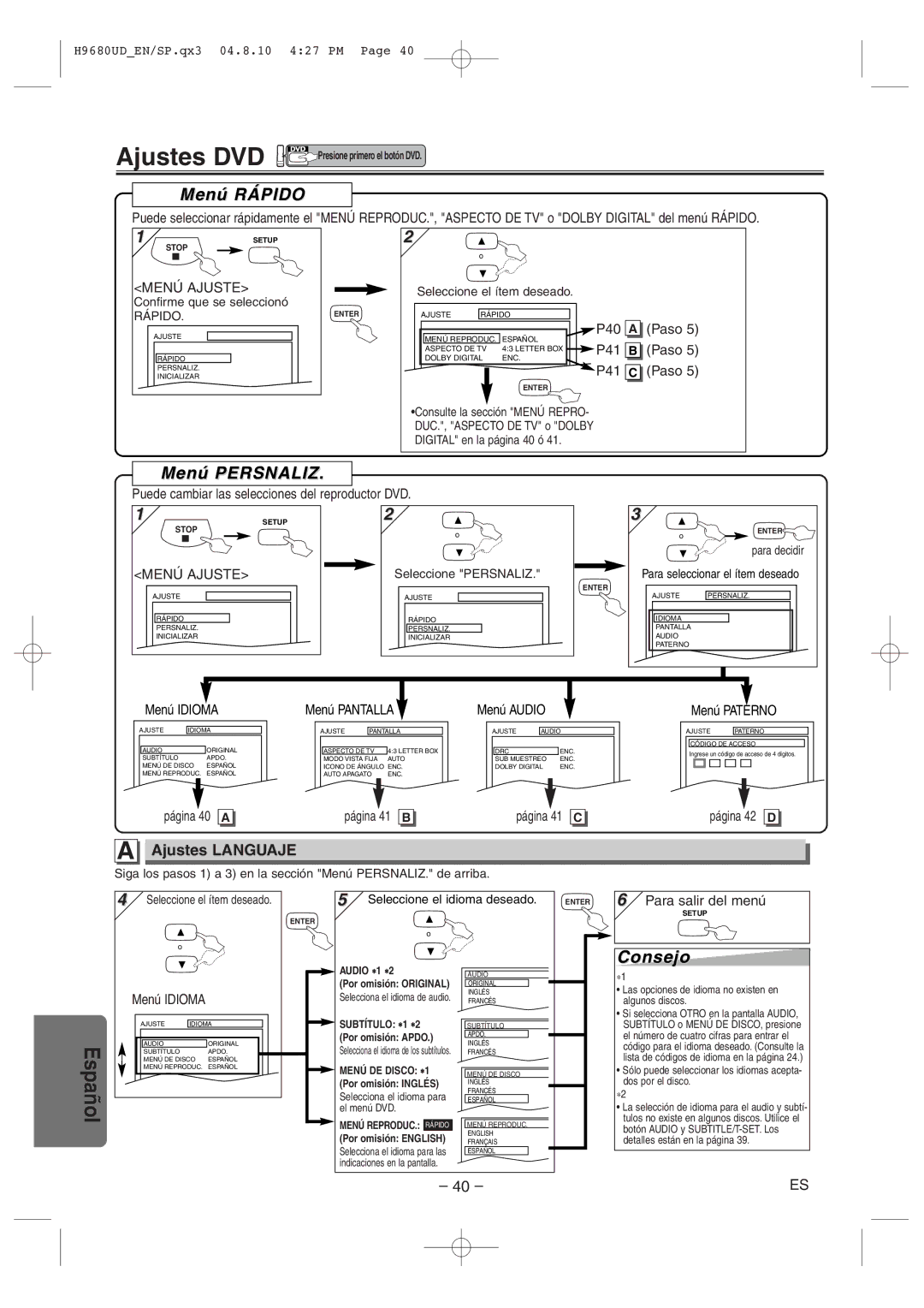 Sanyo DVW-7100a instruction manual Menú Rápido, Menú Persnaliz, Ajustes Languaje 