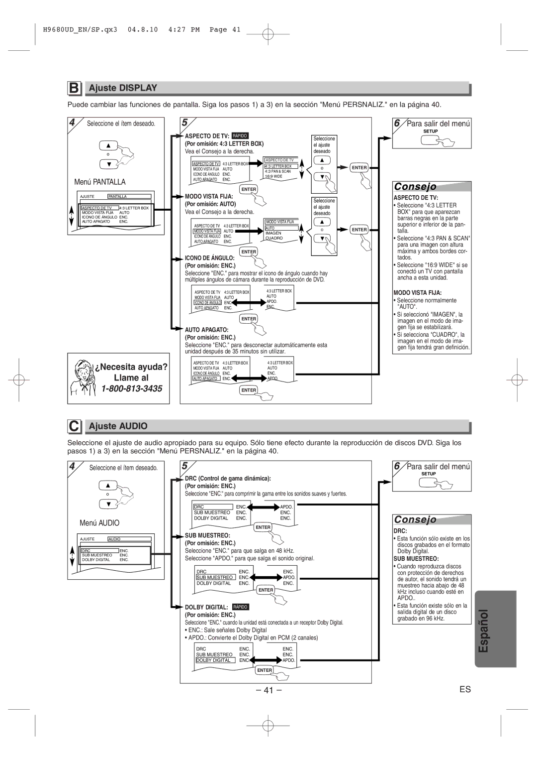 Sanyo DVW-7100a instruction manual Ajuste Display, Ajuste Audio 