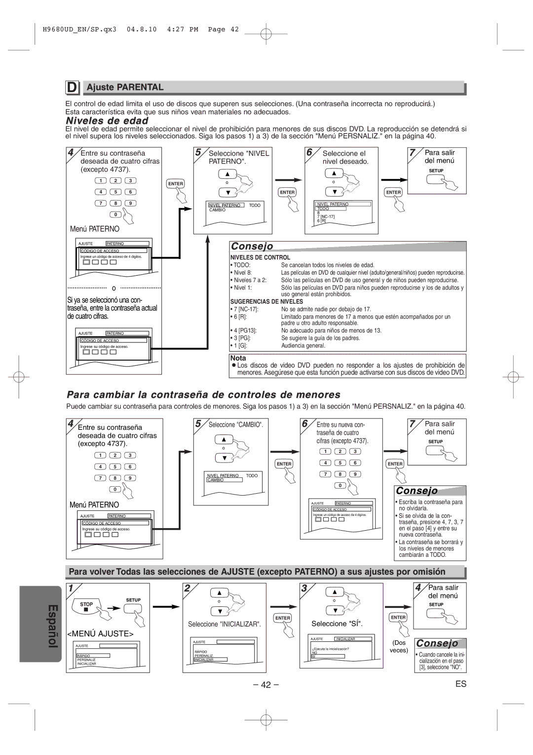 Sanyo DVW-7100a Niveles de edad, Para cambiar la contraseña de controles de menores, Dos Consejo, Ajuste Parental 