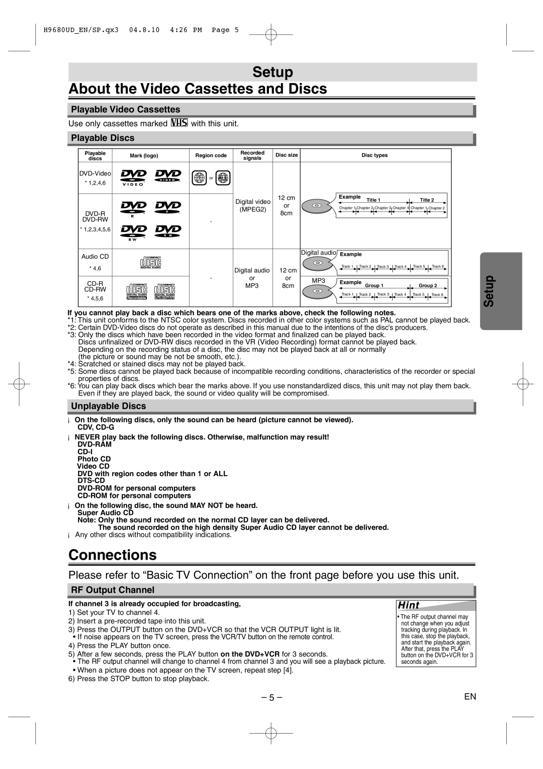 Sanyo DVW-7100a instruction manual Setup About the Video Cassettes and Discs, Connections, Hint 