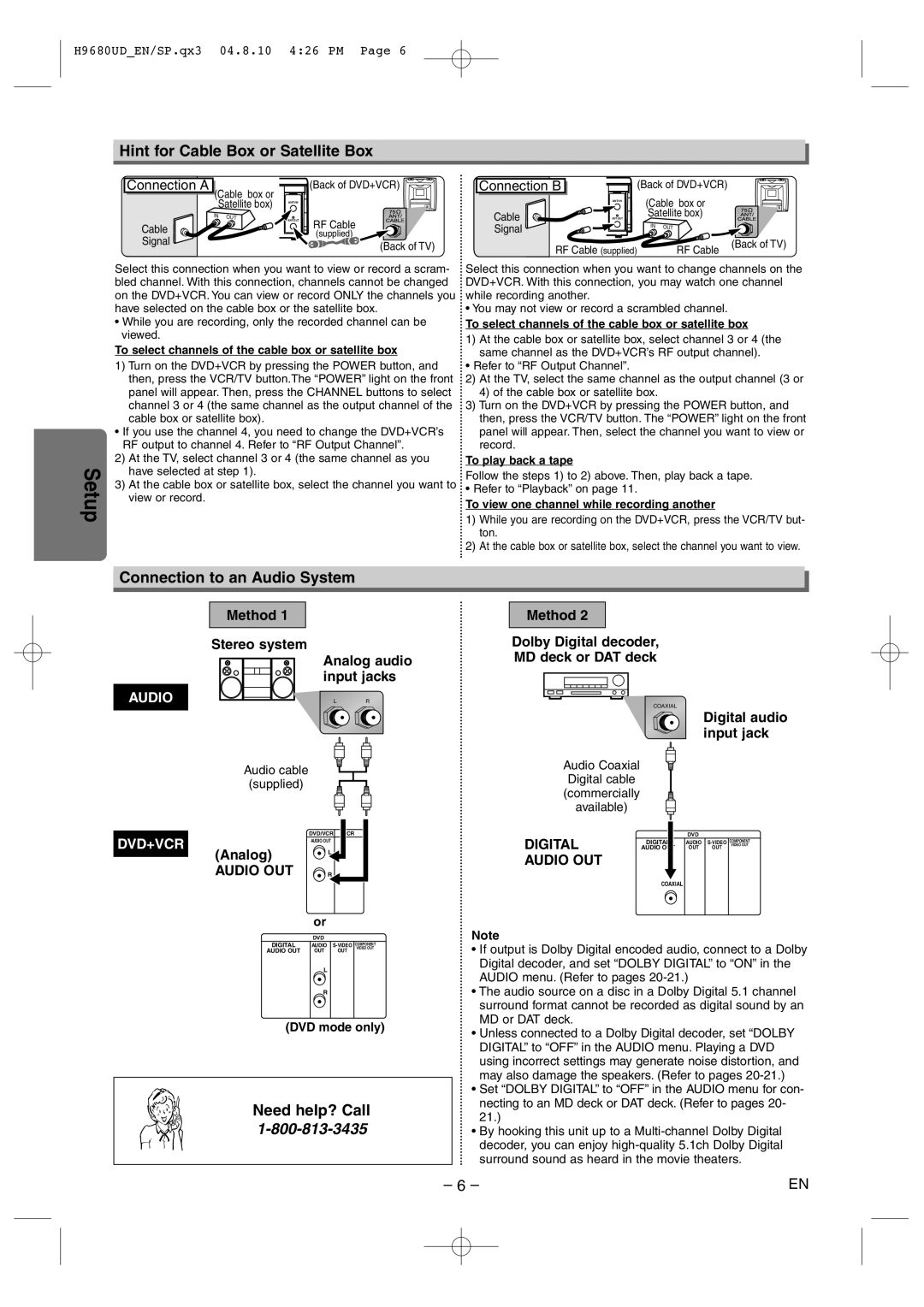 Sanyo DVW-7100a Hint for Cable Box or Satellite Box, Connection to an Audio System, Need help? Call, Audio OUT, Digital 