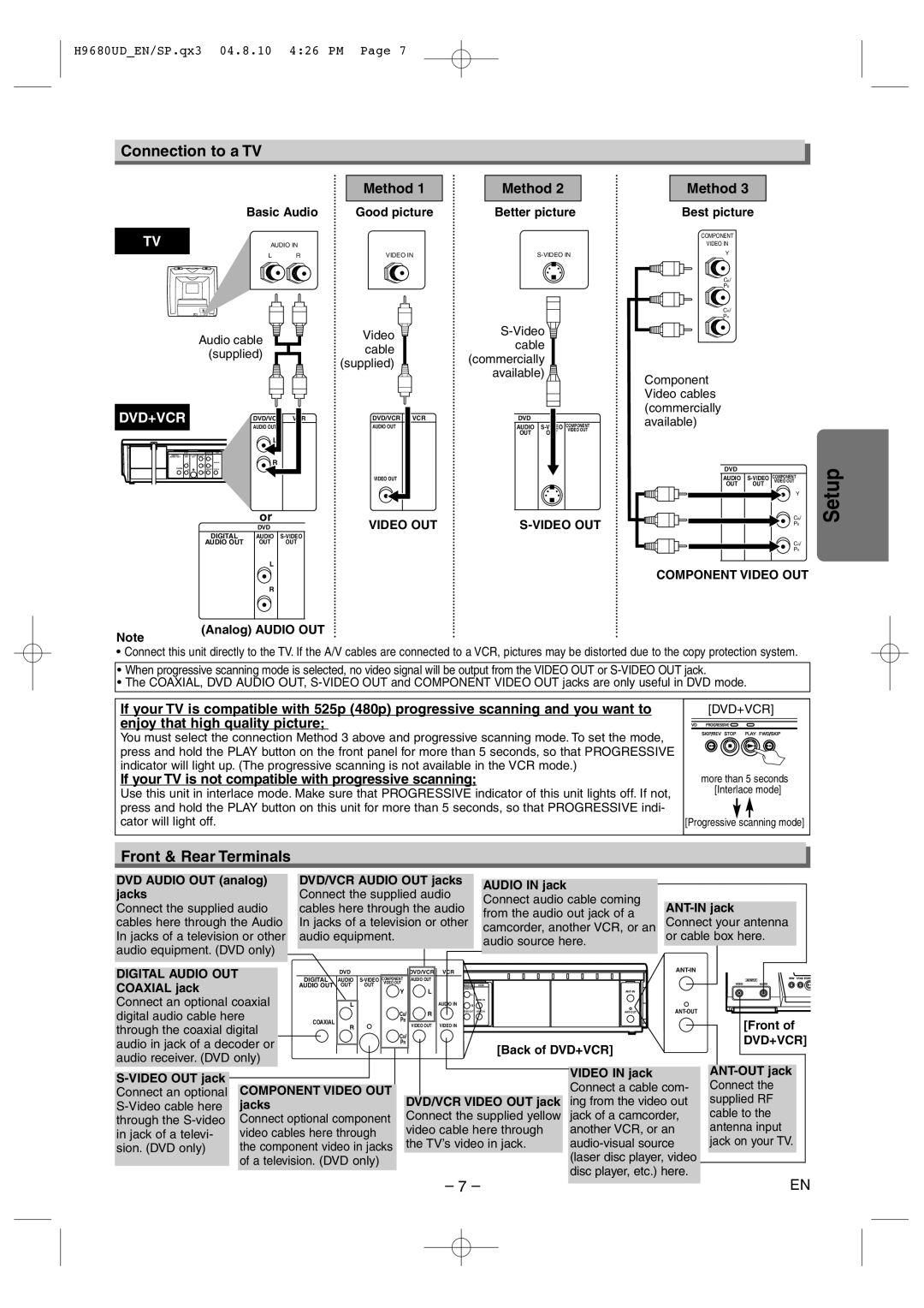 Sanyo DVW-7100a Connection to a TV, Front & Rear Terminals, Method, If your TV is not compatible with progressive scanning 