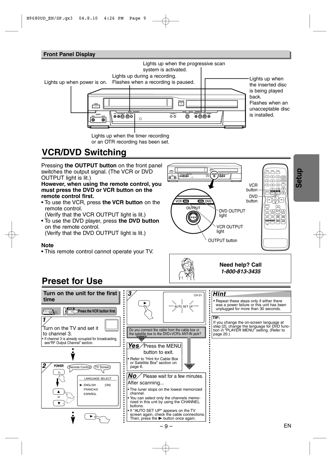 Sanyo DVW-7100a VCR/DVD Switching, Preset for Use, Front Panel Display, Turn on the unit for the first time 