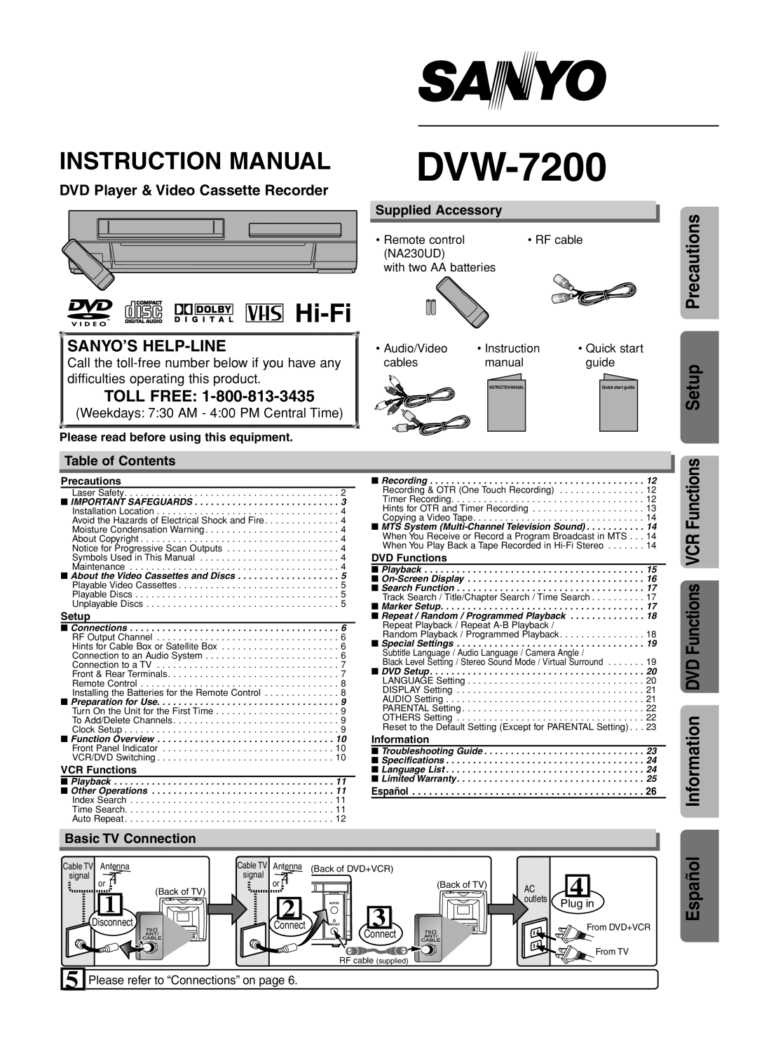 Sanyo DVW-7200 specifications Supplied Accessory, Table of Contents, Basic TV Connection 