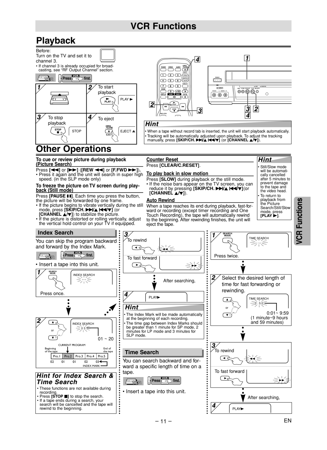 Sanyo DVW-7200 specifications VCR Functions Playback, Other Operations, Hint for Index Search, Time Search 