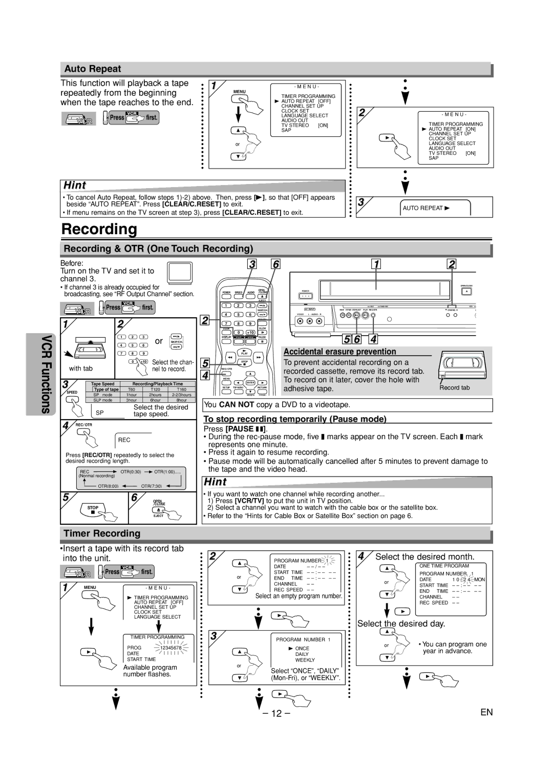 Sanyo DVW-7200 specifications Auto Repeat, Recording & OTR One Touch Recording, Timer Recording 