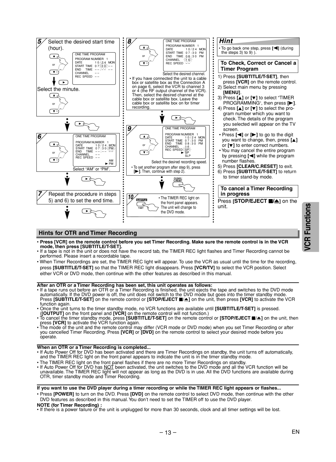 Sanyo DVW-7200 specifications Hints for OTR and Timer Recording, To Check, Correct or Cancel a Timer Program 