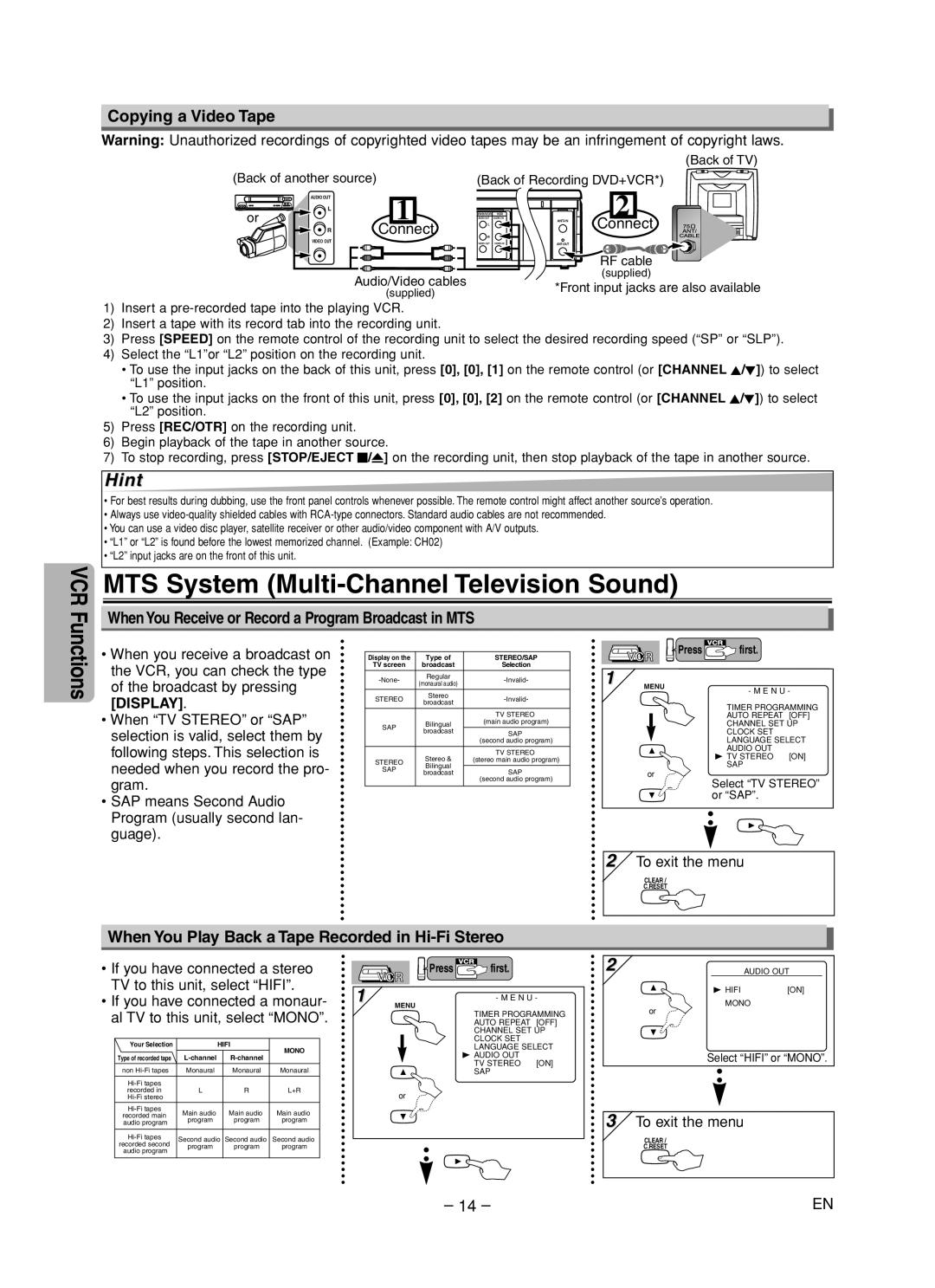 Sanyo DVW-7200 specifications MTS System Multi-Channel Television Sound, Copying a Video Tape, Display 