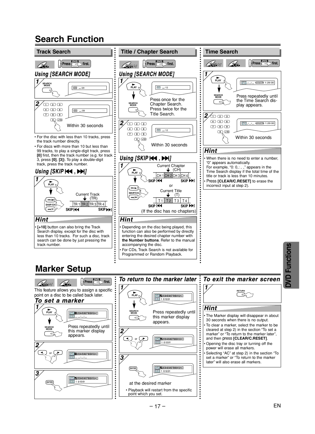 Sanyo DVW-7200 specifications Search Function, Marker Setup 